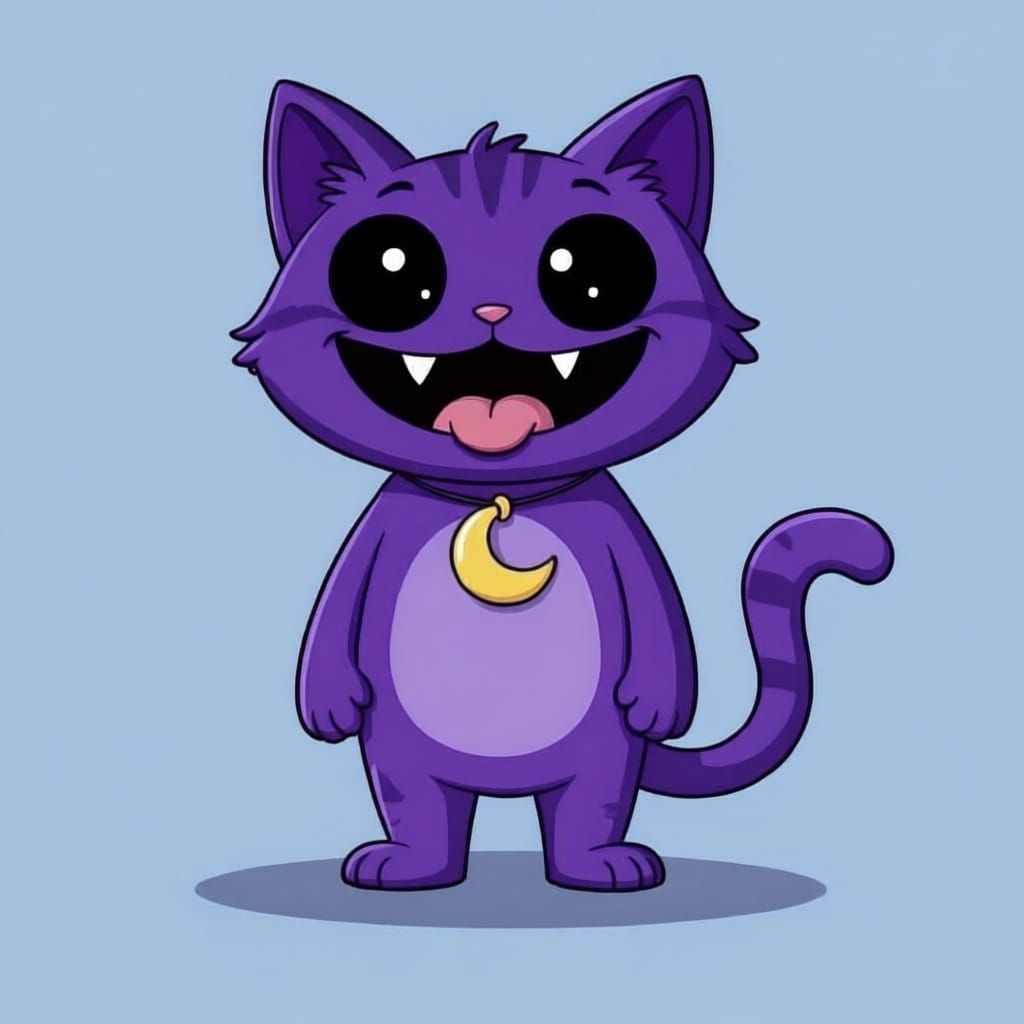 Creepy Purple 2D Cartoon Cat with Yellow Pendant