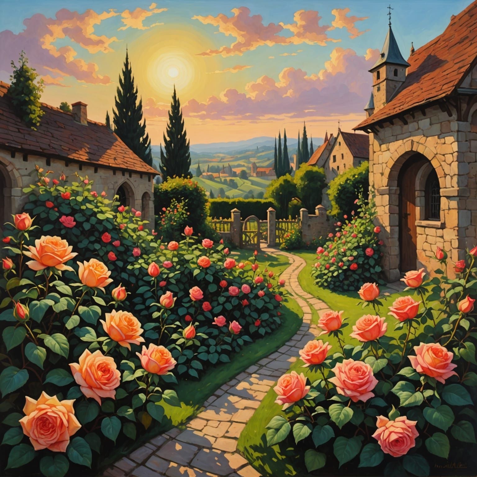 Chiaroscuro Rose Garden Sunrise in Cartoon Oil