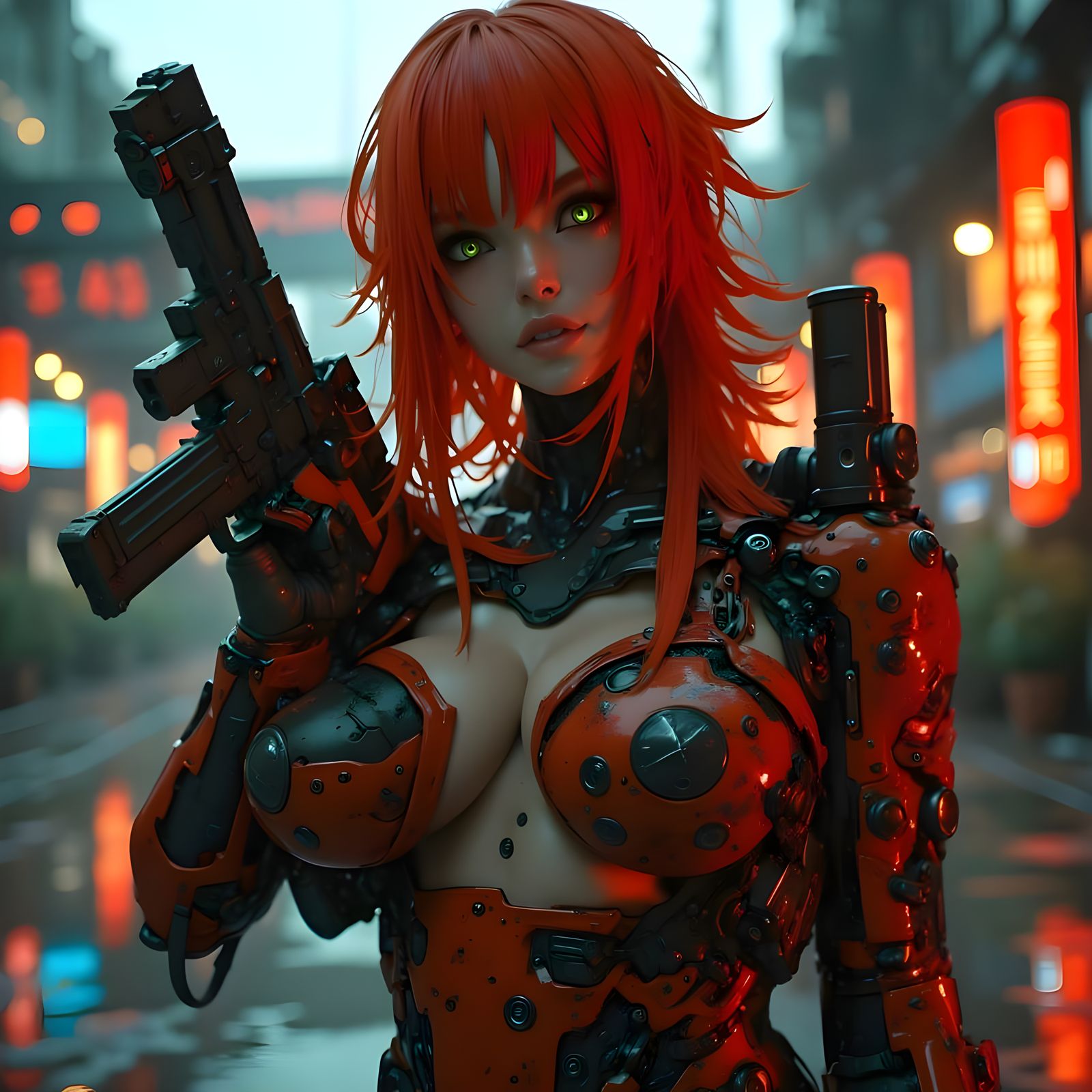 Elegant Cyberpunk Combat Gynoid in Neon-Lit Dystopia