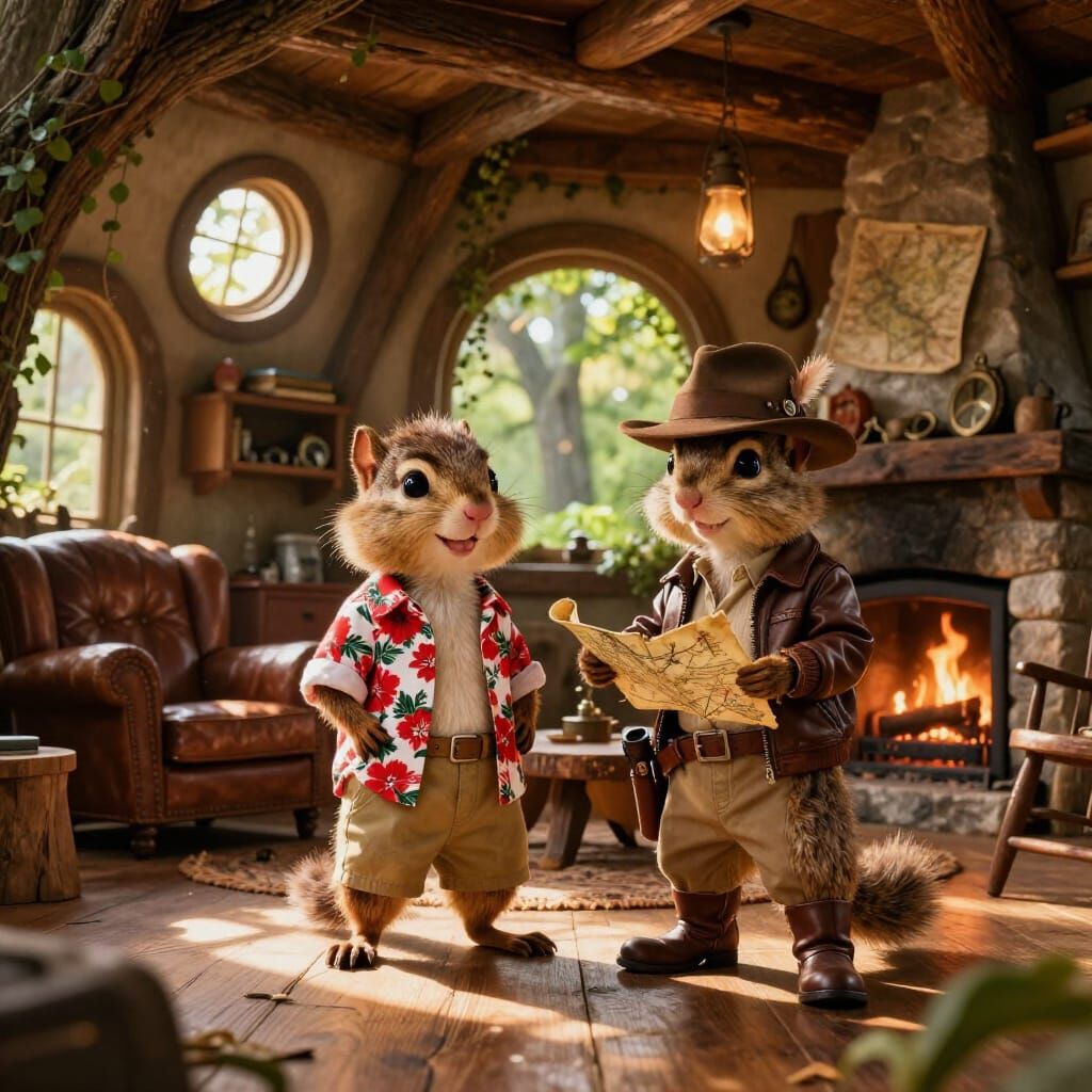 Chipmunks in Cozy Treehouse Living Room, Photorealistic Styl...