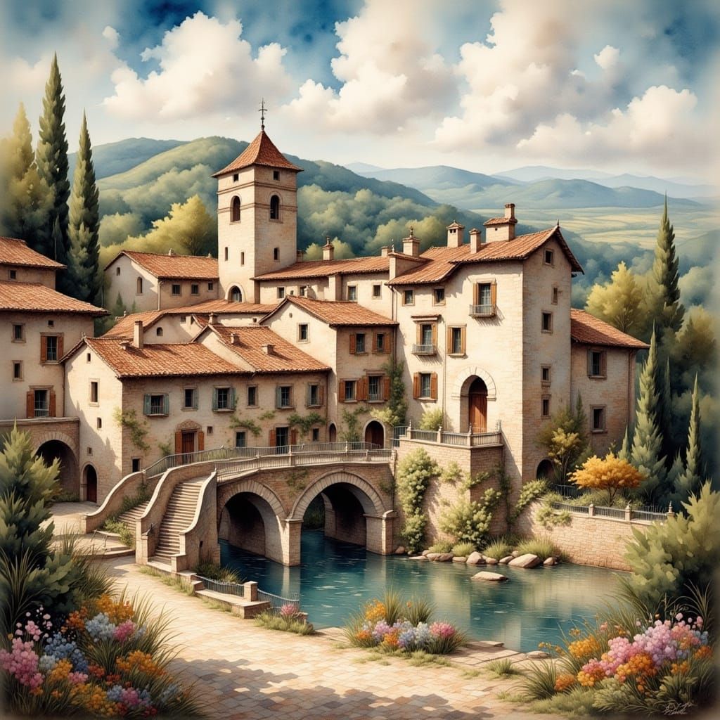 Medieval Village Scene with Streams and Arch Bridges
