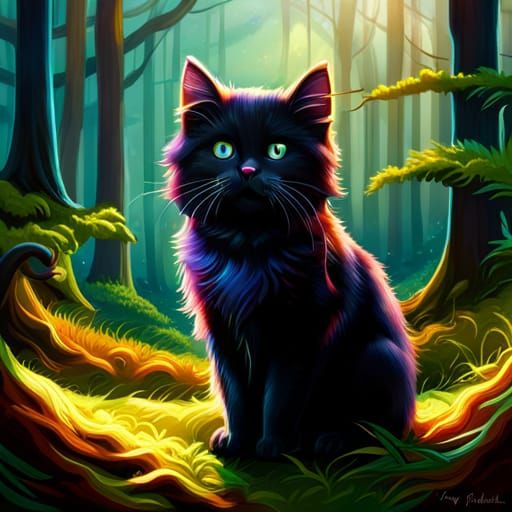 Cute Black Kitten in Aurora Forest, Matte Painting