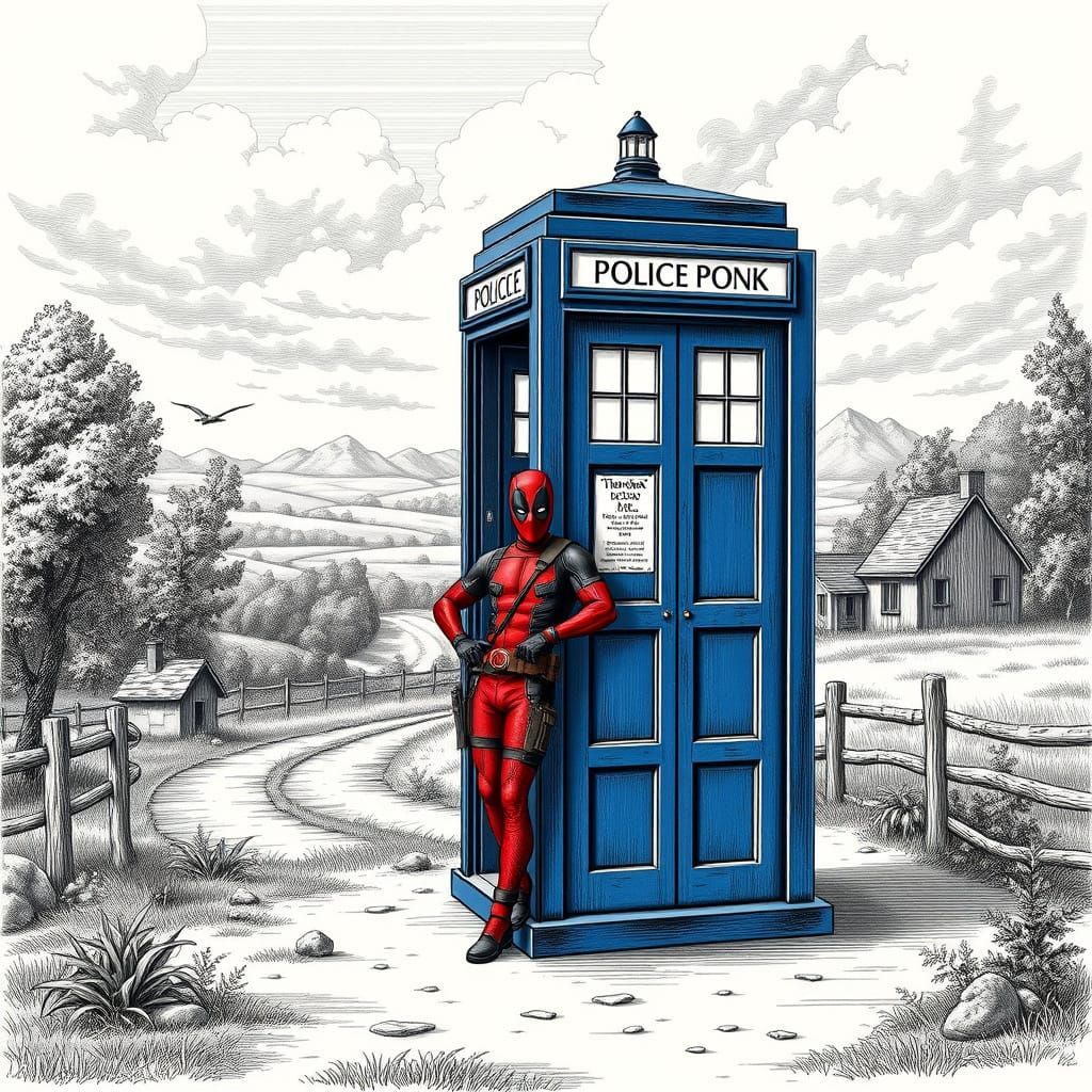 Deadpool in a Country Landscape with a Vintage Police Booth