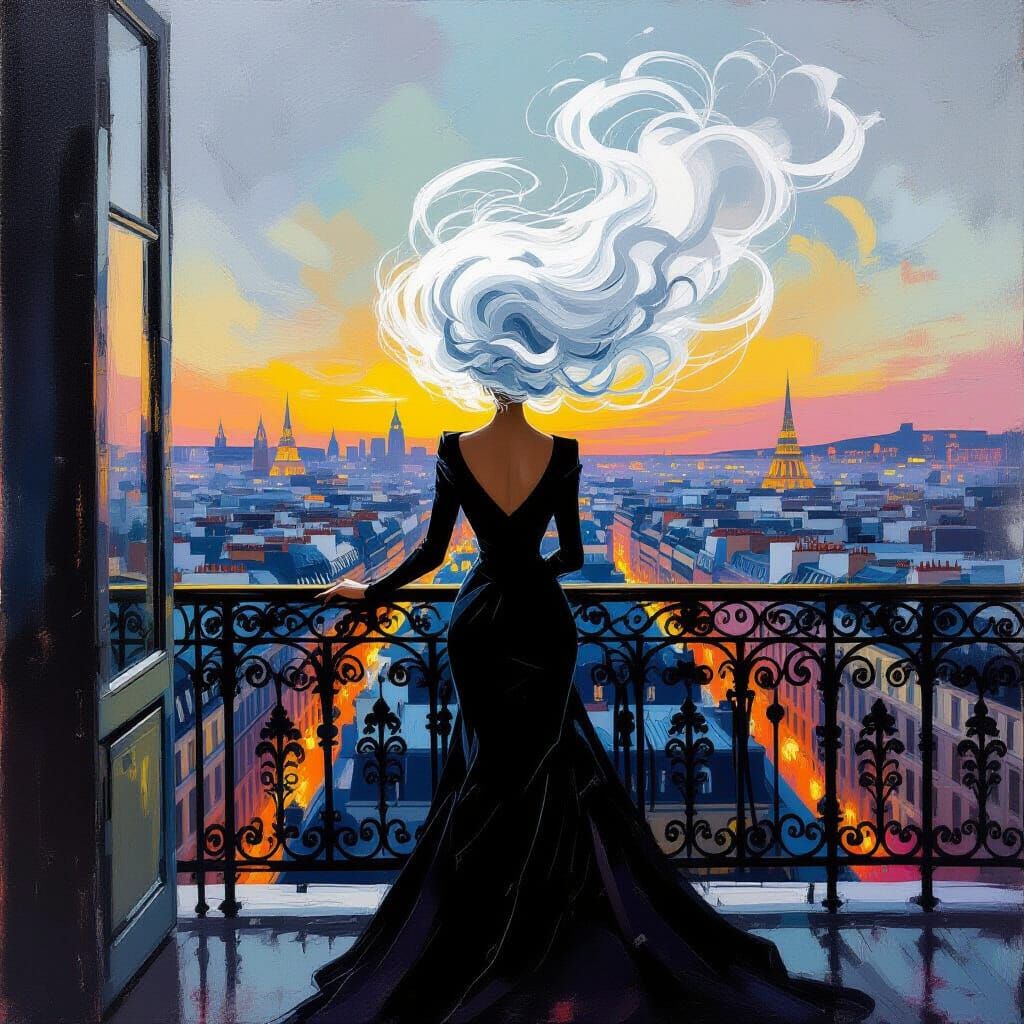 Parisian Dusk: Abstract Expressionist Figure on Balcony