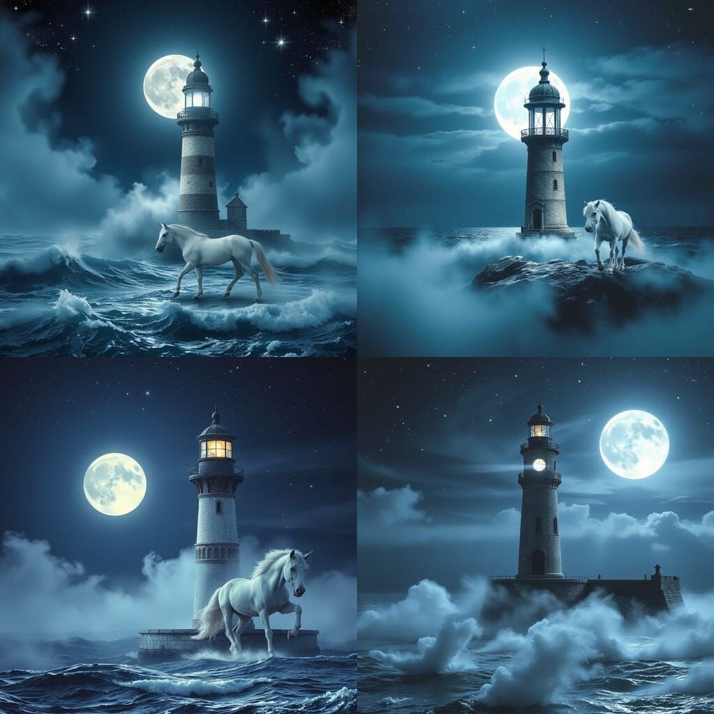 Moonlit Lighthouse with Unicorn in Misty Seascape