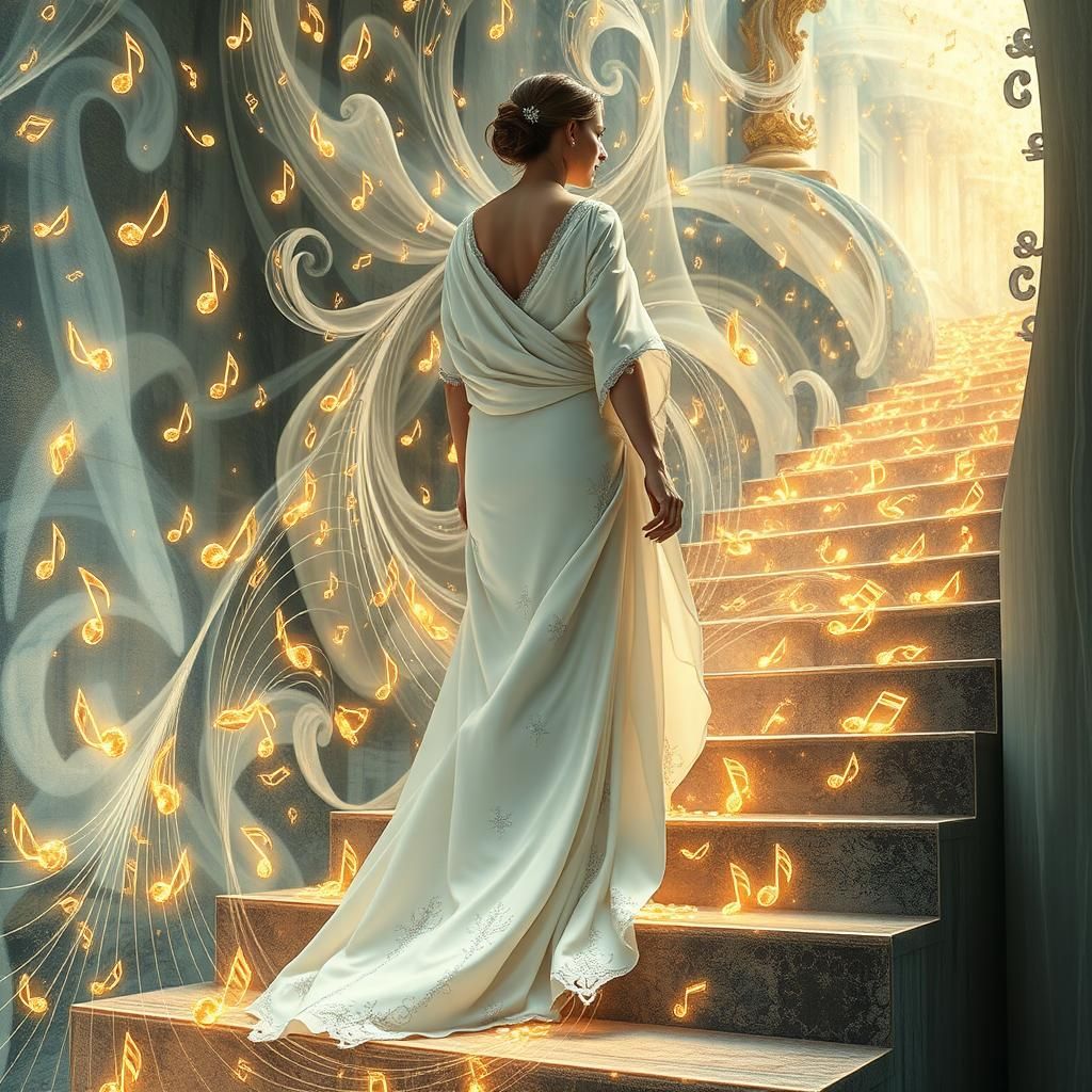 Woman on Musical Stairway in Ornate Style