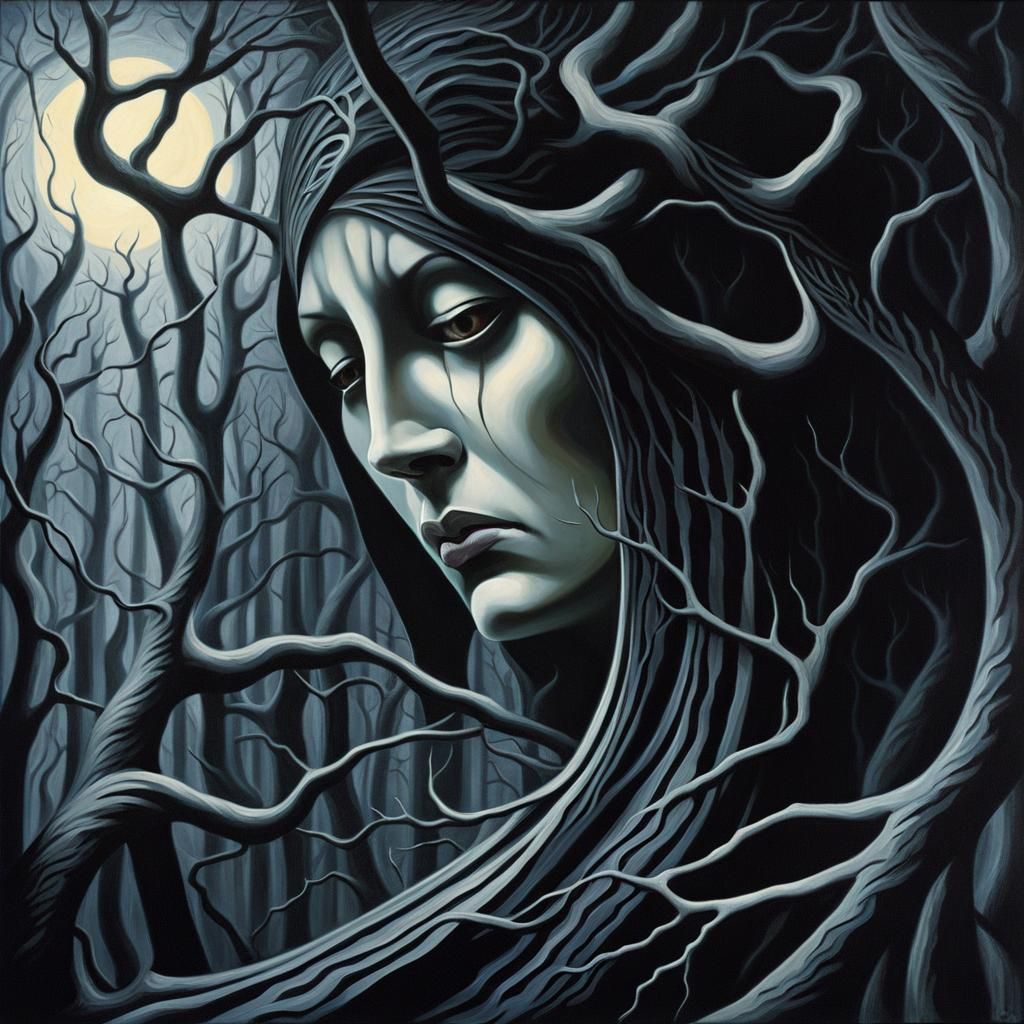 Tormented Figure in Eerie Forest, a Surreal Oil Painting