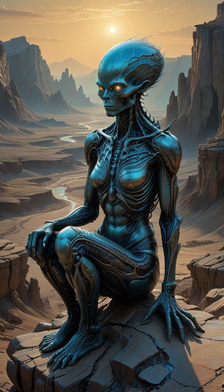 Surreal Alien Seated in Desert Landscape in Hyper-Realistic ...