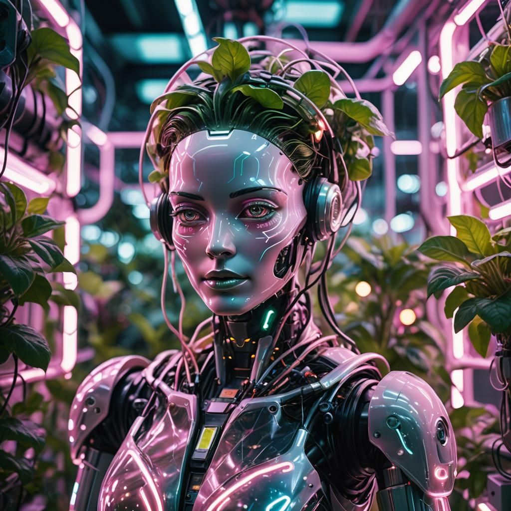 Robot in a Neon Vertical Farm: Surreal Sci-Fi Art