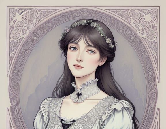 Elegant Woman in Victorian Damask Pattern Ink Sketch