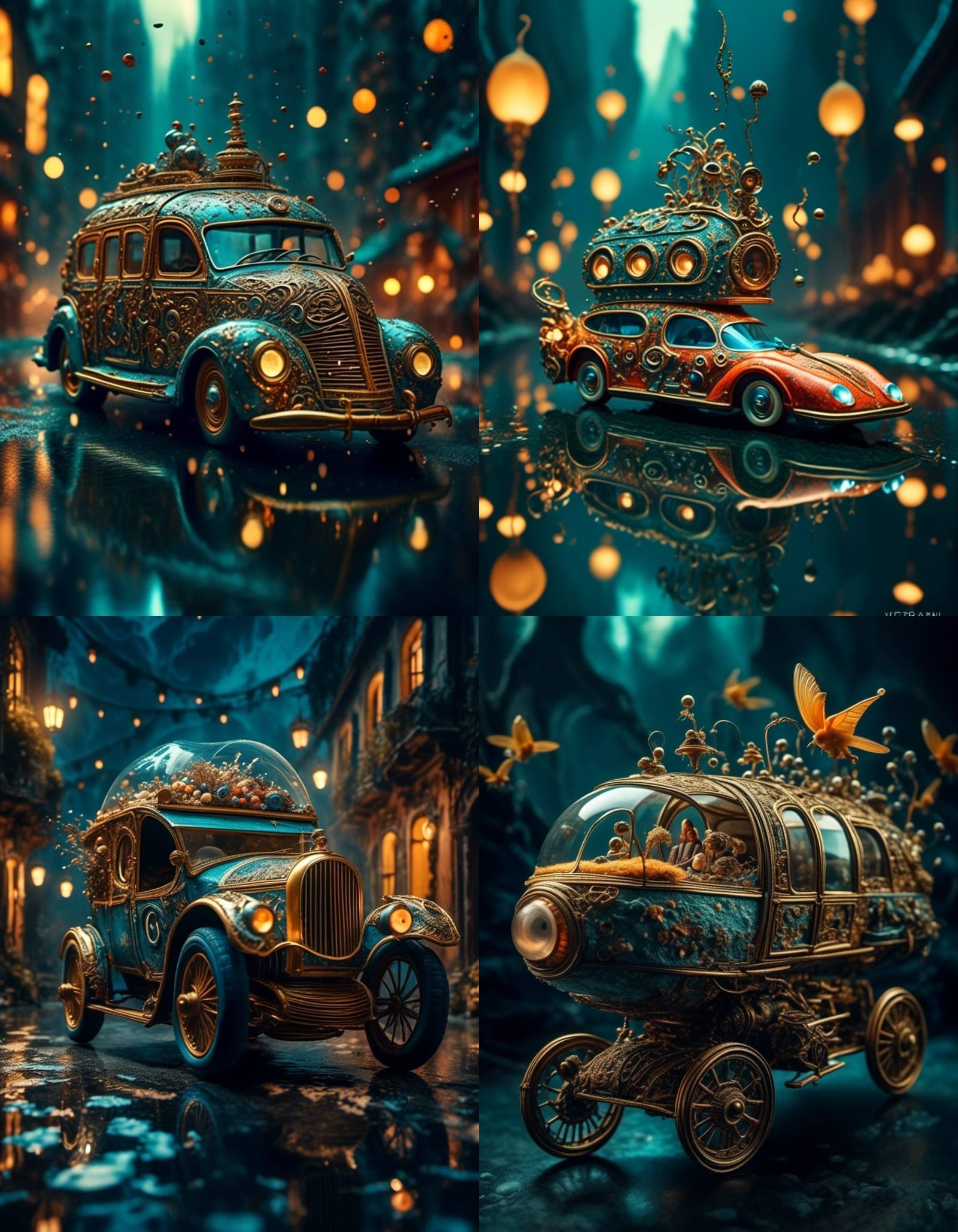 Magical Racing Cars Under Rising Sun in Surreal Style