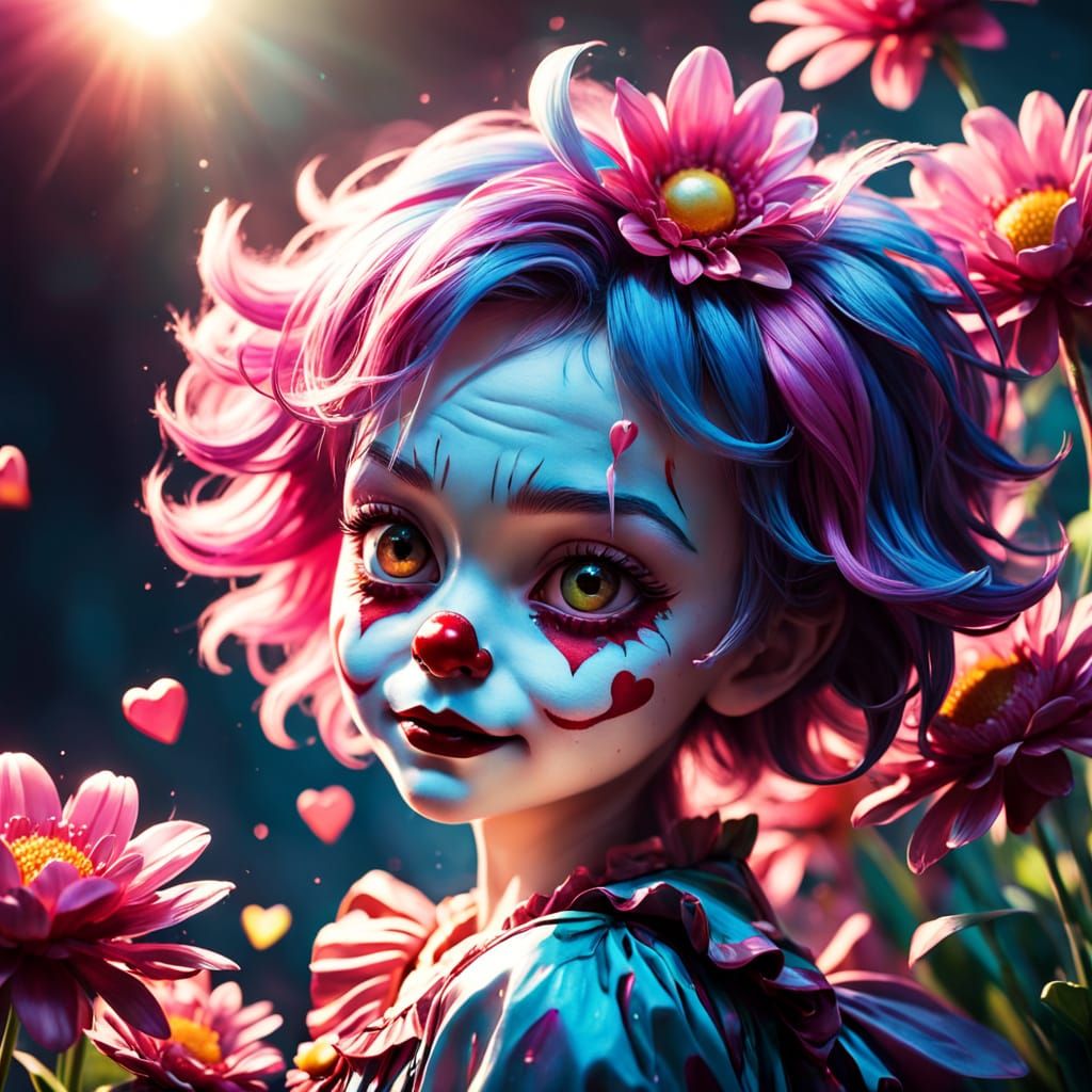 Iridescent Clown Perched on Heart-Shaped Flower