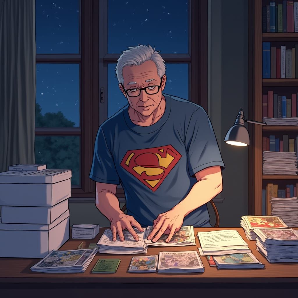 Comic Book Collector in Cozy Anime Library