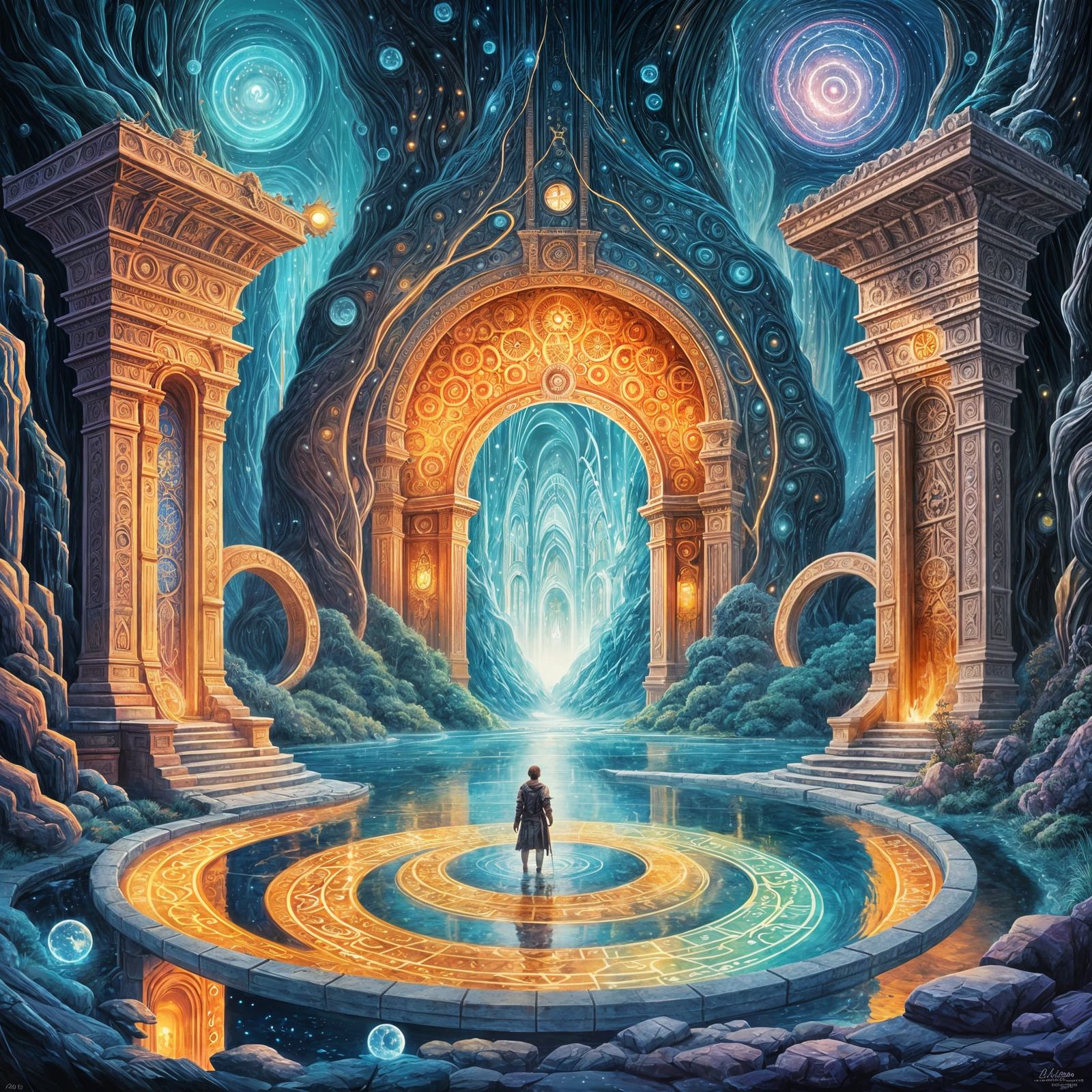 Three Portals leading to different worlds full of creatures and people of different looks