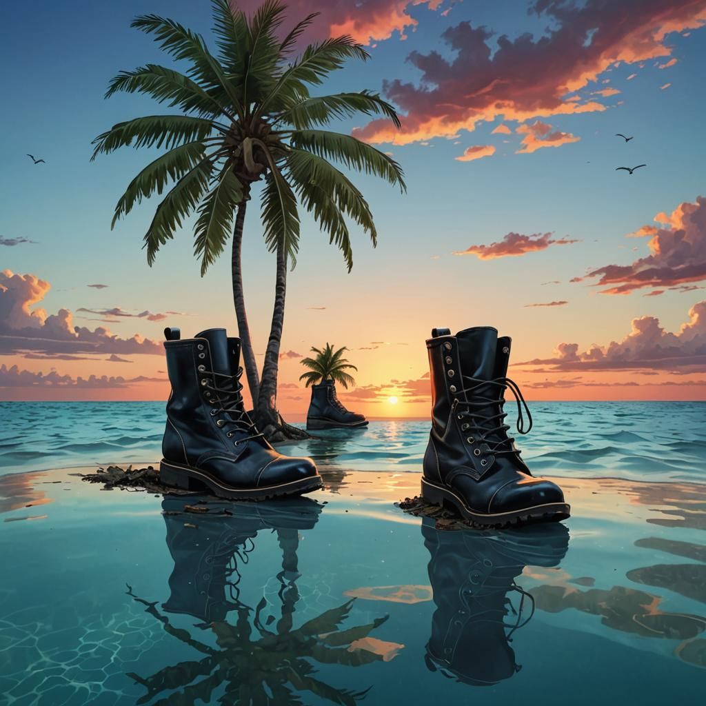 Cuban Boots with Palm Trees in Cartoon Sunset