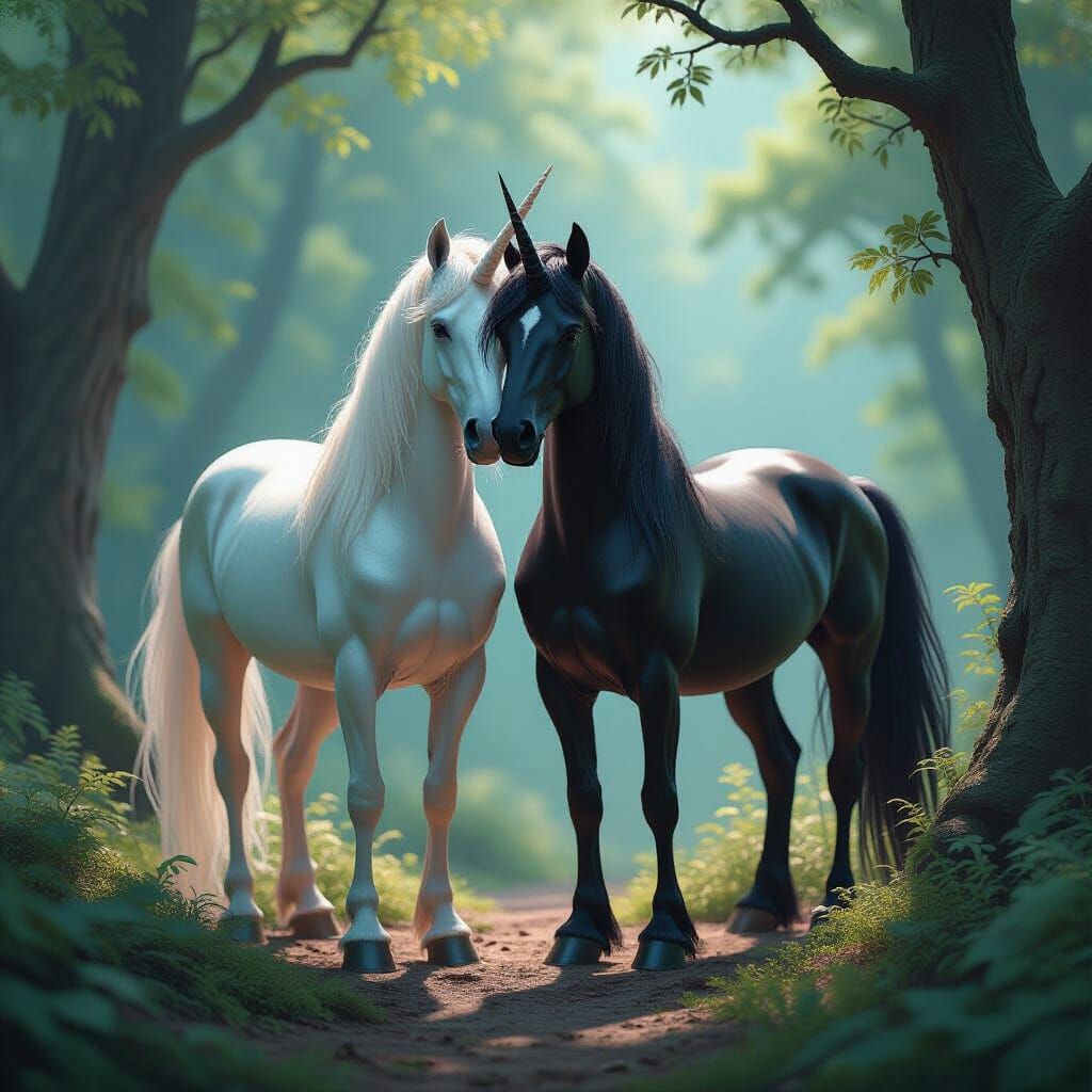 Unicorns Embrace in a Fantastical Forest
