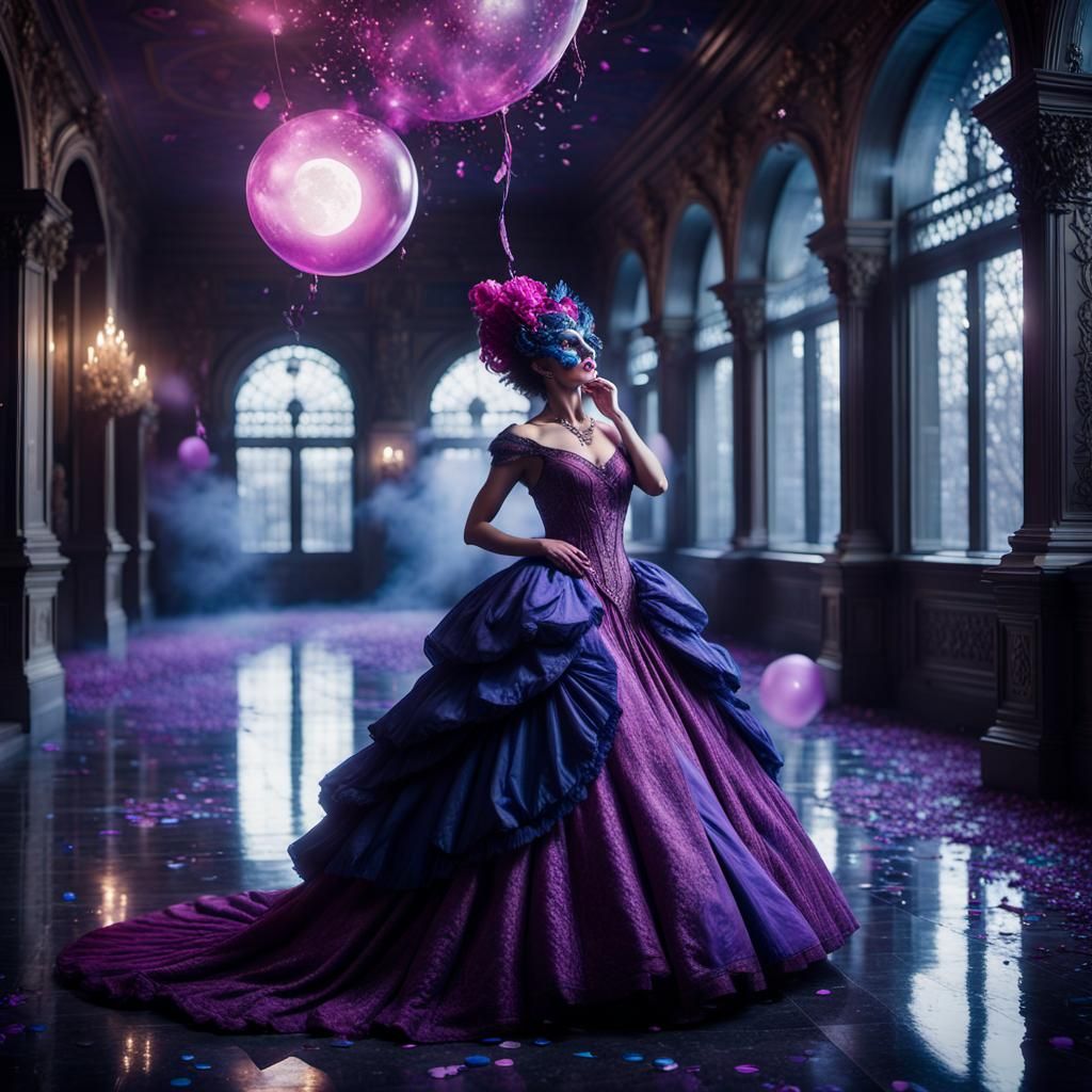 Masquerade Dancer in Victorian Dress in Elaborate Hallway