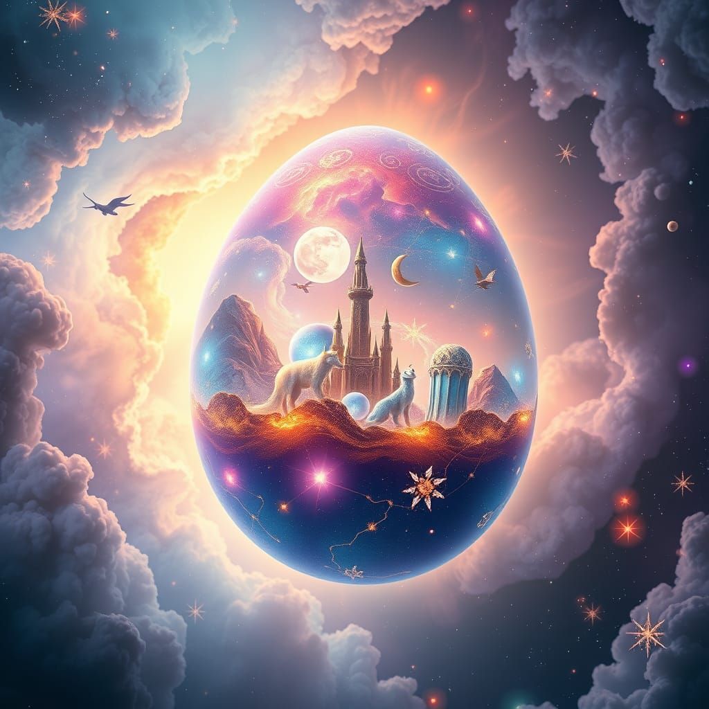 Celestial Faberge Egg in Nebula of Swirling Stardust and Iri...