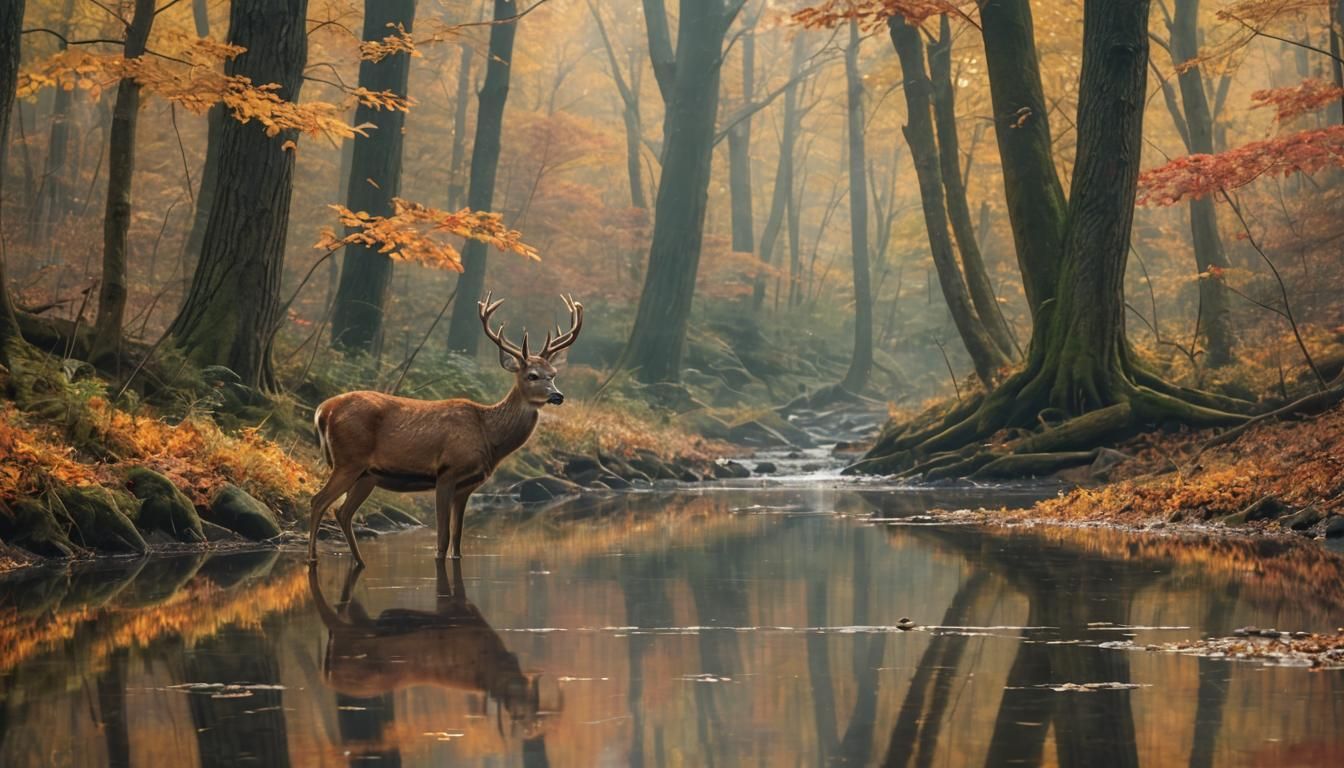 Impressionist Autumn Forest Scene with Deer