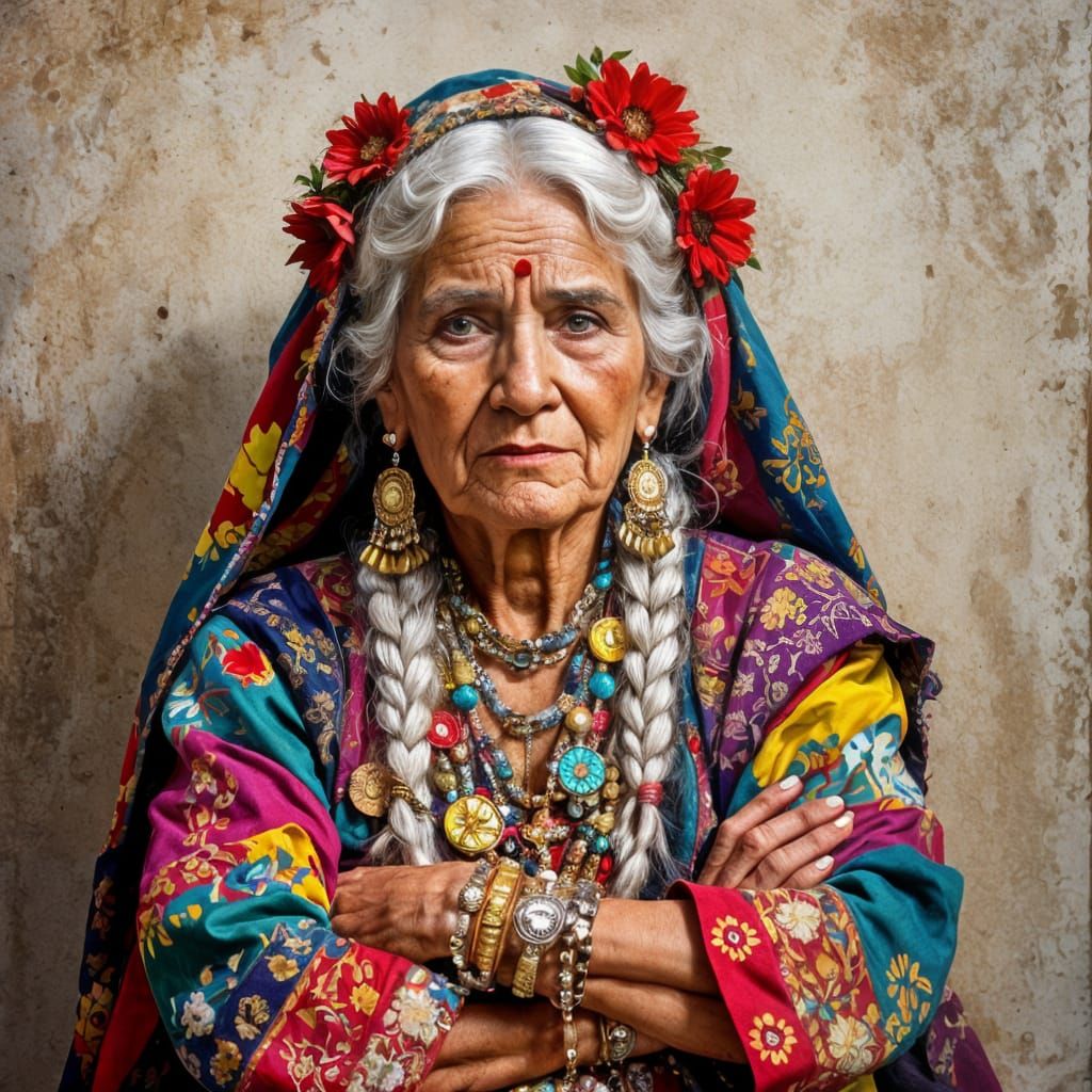 Stern-Faced Gypsy Woman in Traditional Dress Portrait