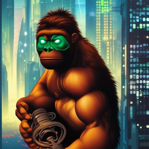 Cyberpunk Orangutan Hulk Roars in Cityscape