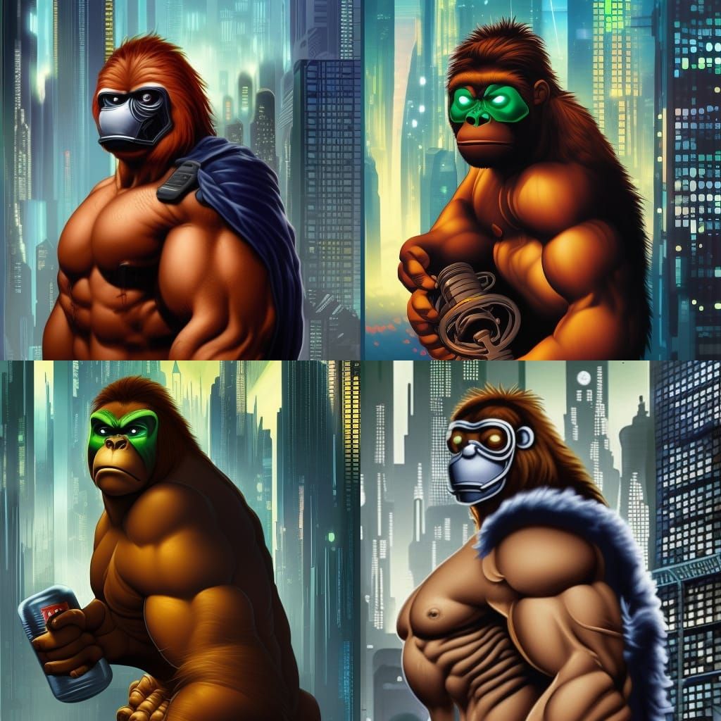 Cyberpunk Orangutan Hulk Roars in Cityscape
