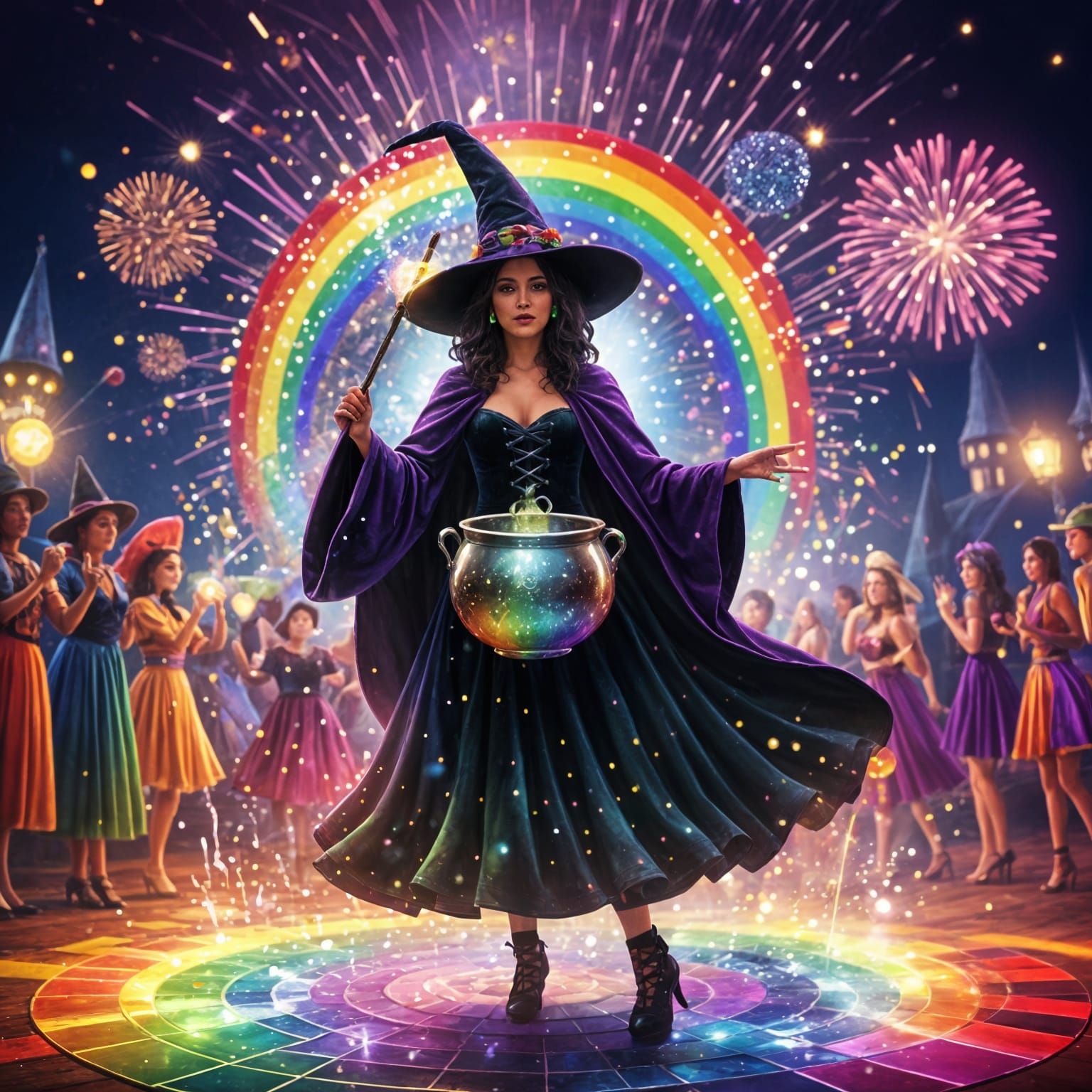 Witches Dance Under Disco Cauldron and Fireworks