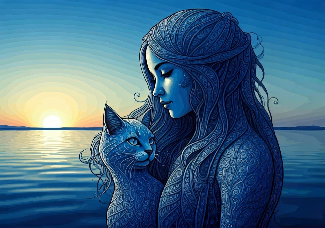 Blue Women in Dreamlike Art Brut Illustration