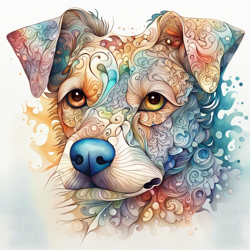 Watercolor Dog with Abstract Fractal Design