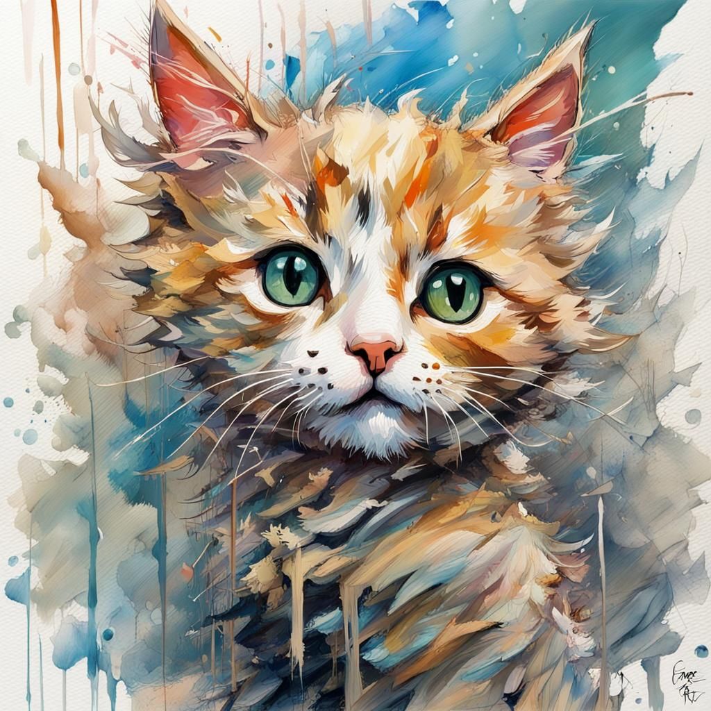 Cute Chibi Cat in Impressionistic Watercolor Style