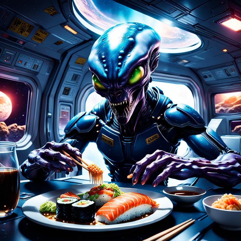 Alien Eats Sushi in Space Station, Digital Matte Painting
