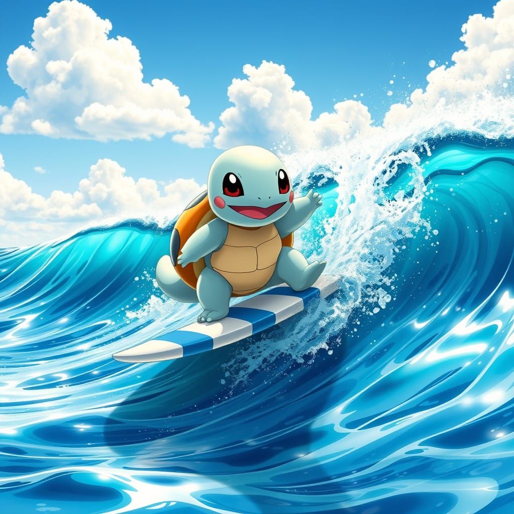 Squirtle Riding a Wave in a Vibrant, Retro-Style Surf Scene