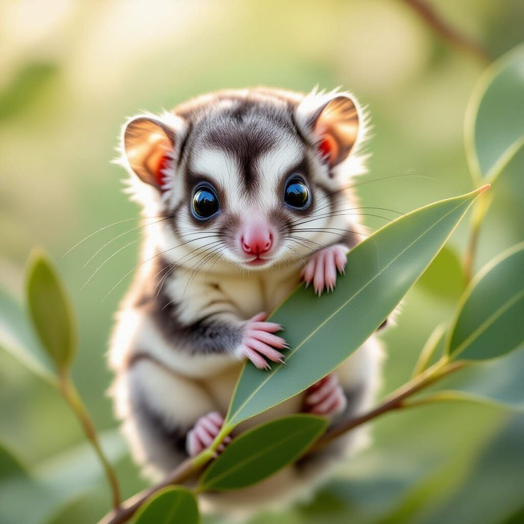 Adorable Baby Sugar Glider on Eucalyptus Branch