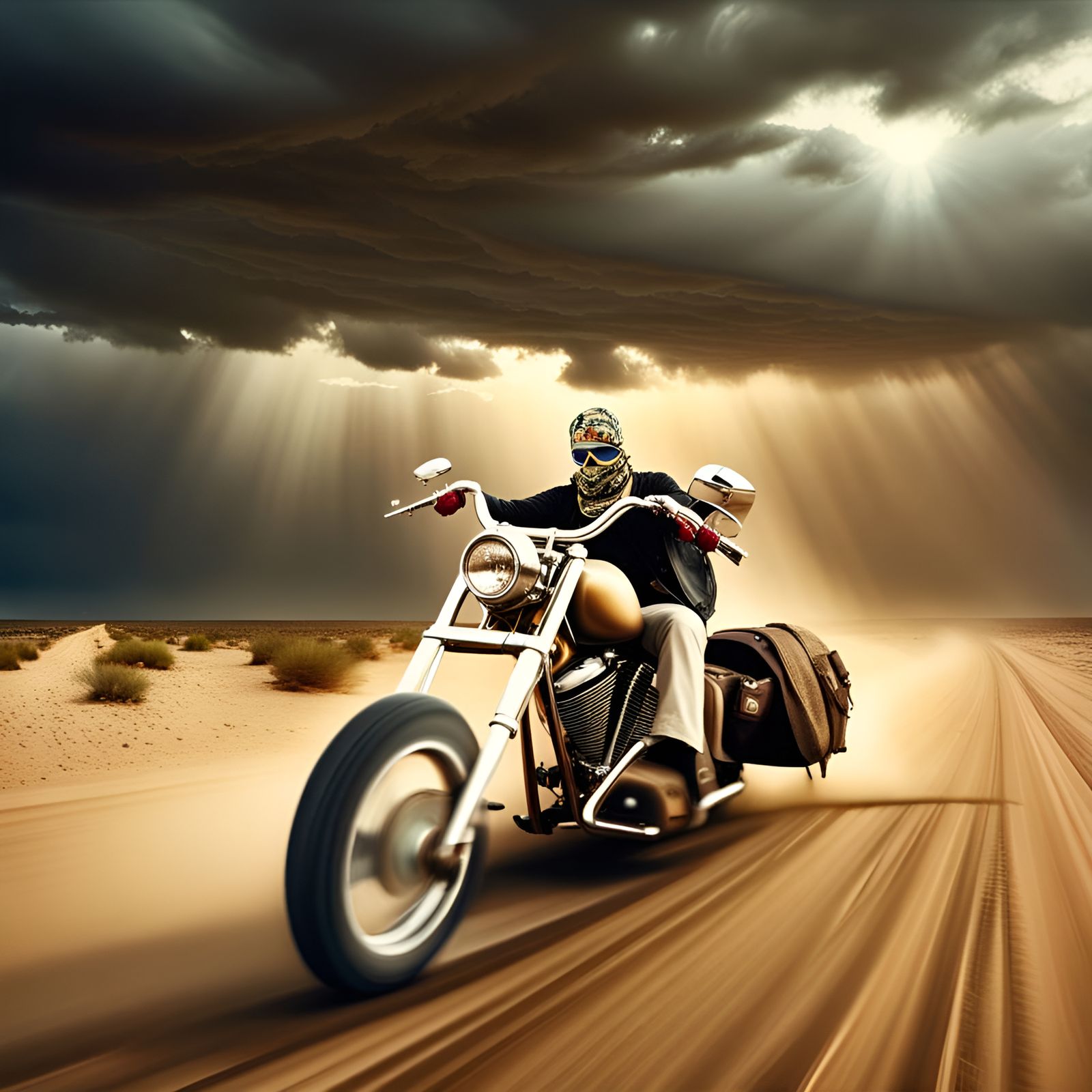 Motorbike Rider on Desert Highway in Vaporwave Style