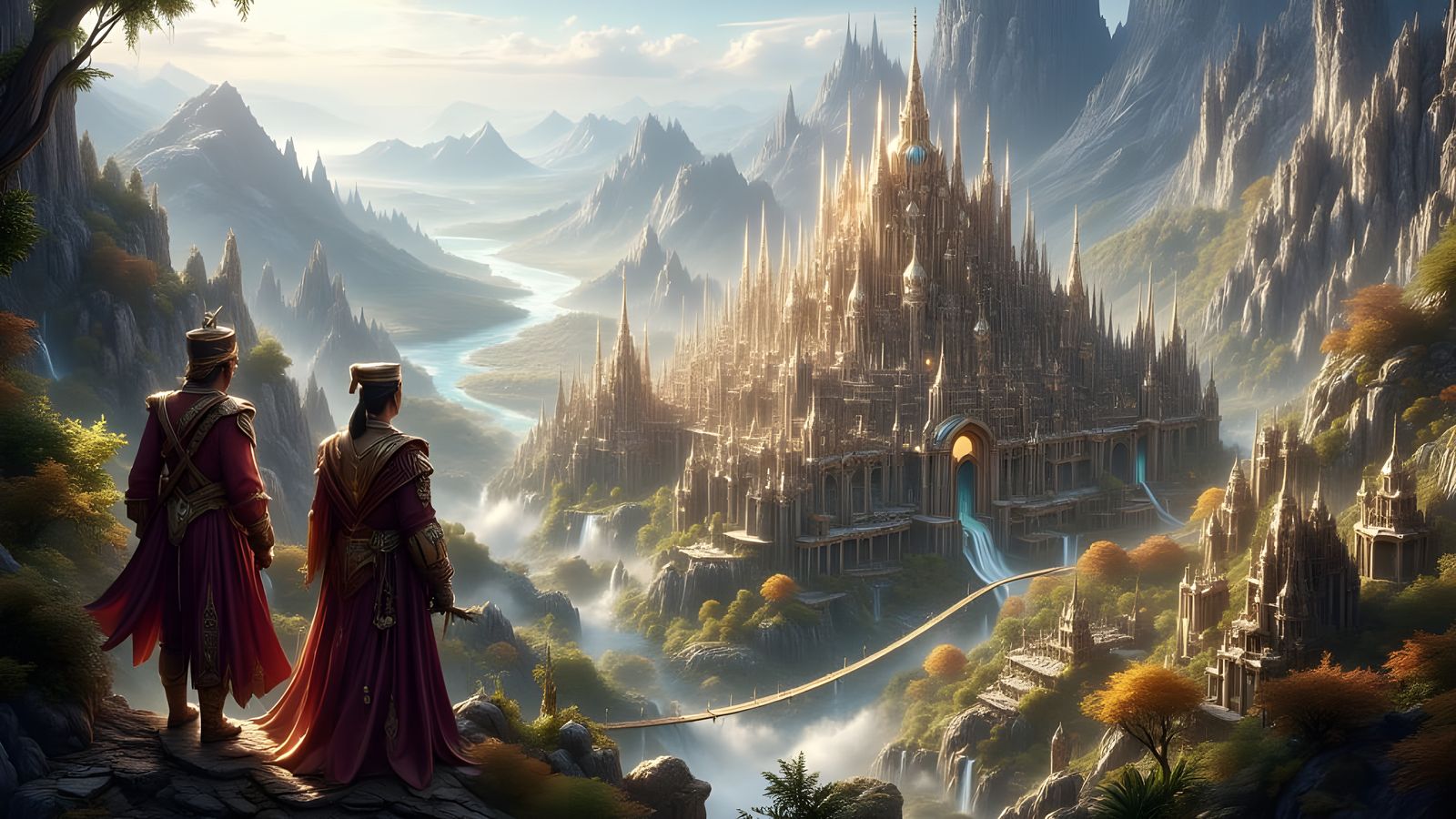 Ancient Granite City with Gold Highlights and Rope Bridge