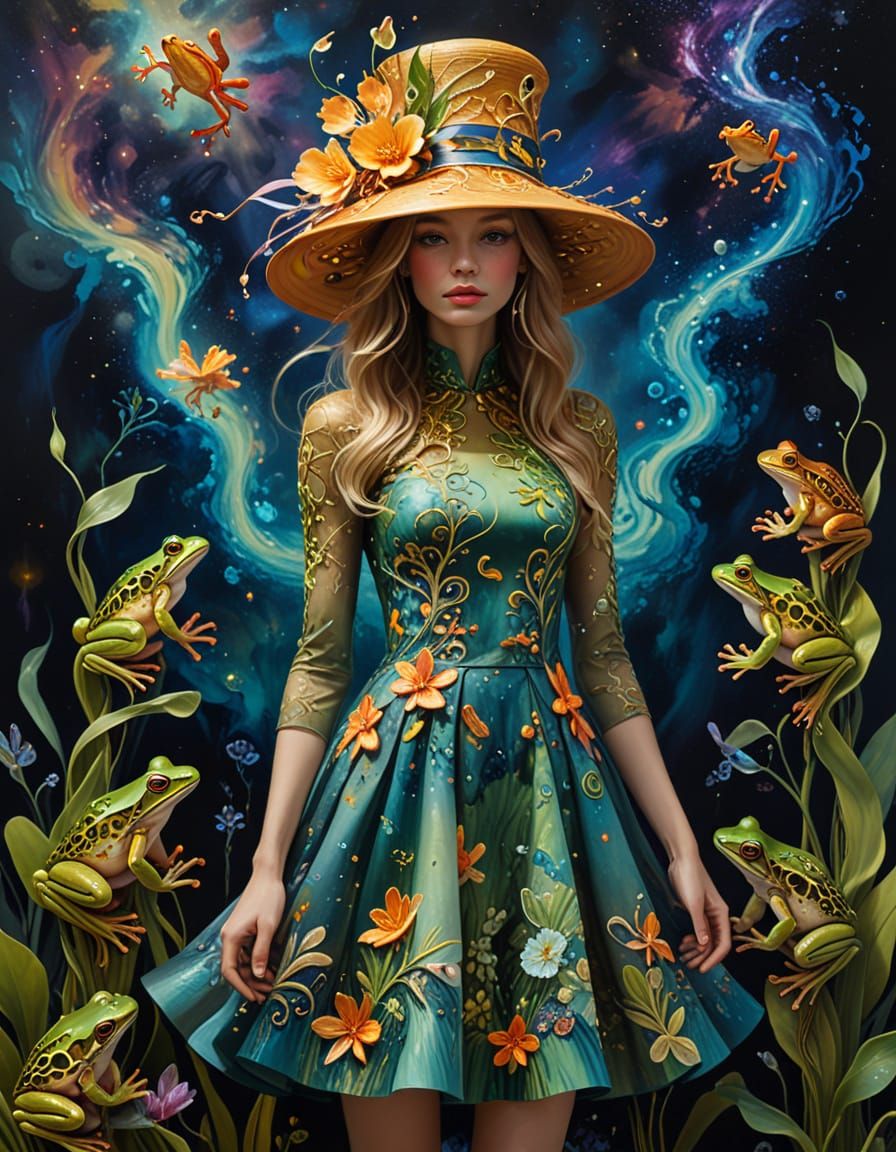 Surrealist Fashion Victim with Frog Hat and Cosmic Backdrop