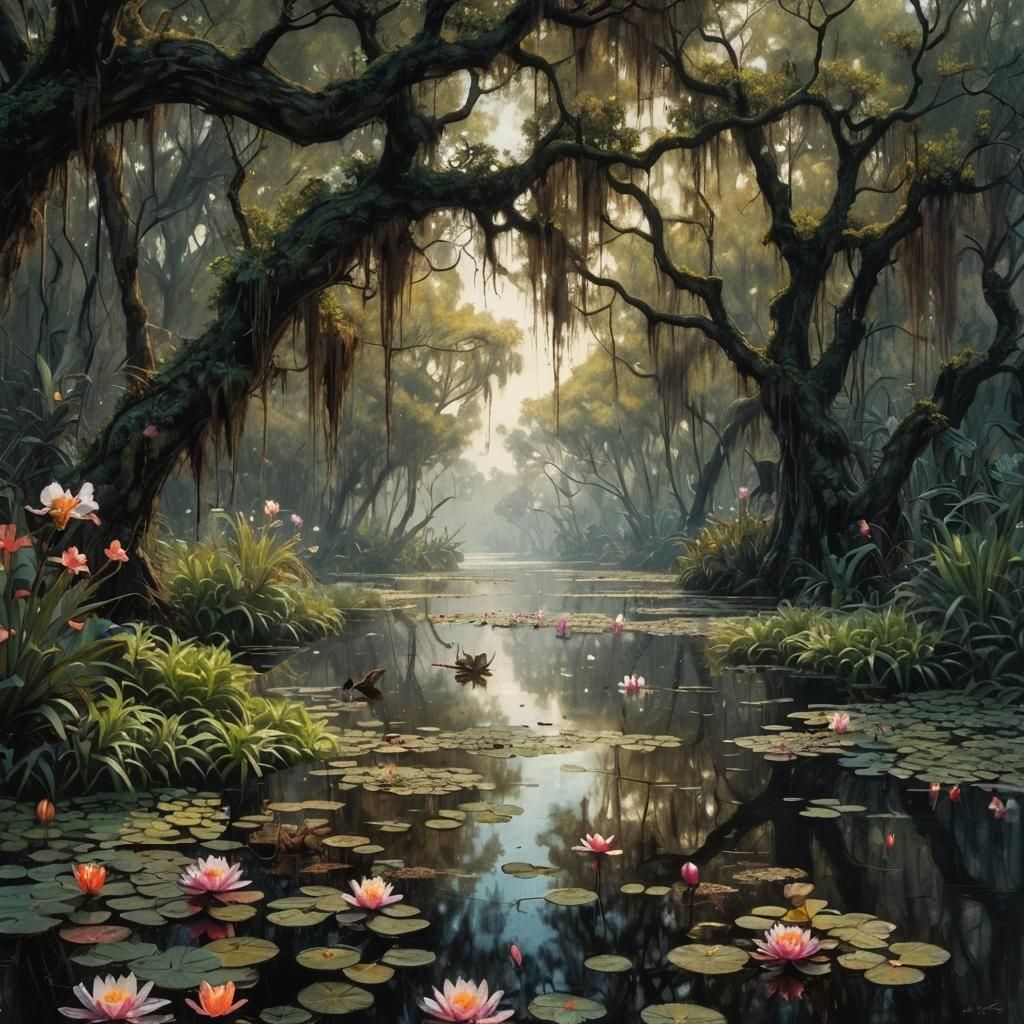 Louisiana Bayou with Water Lilies in Synthetist Style