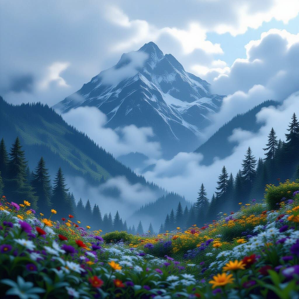 Moody Mountain Landscape with Vibrant Wildflowers