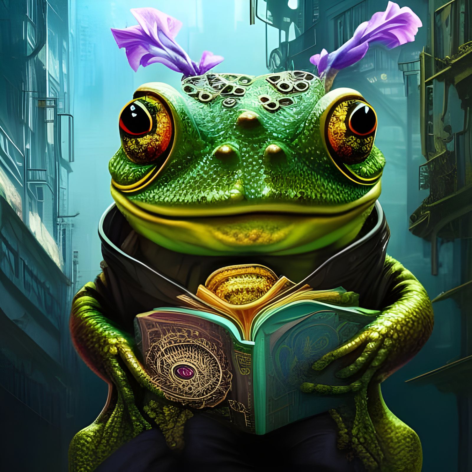 Cyberpunk Steampunk Frog Reads in Detailed Cityscape