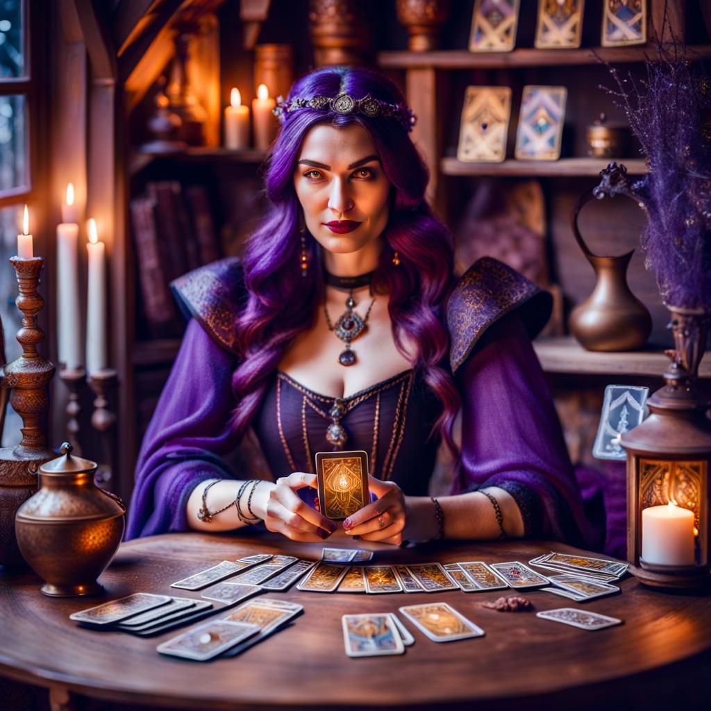 Sorceress Showing Tarot Cards in Fairytale House