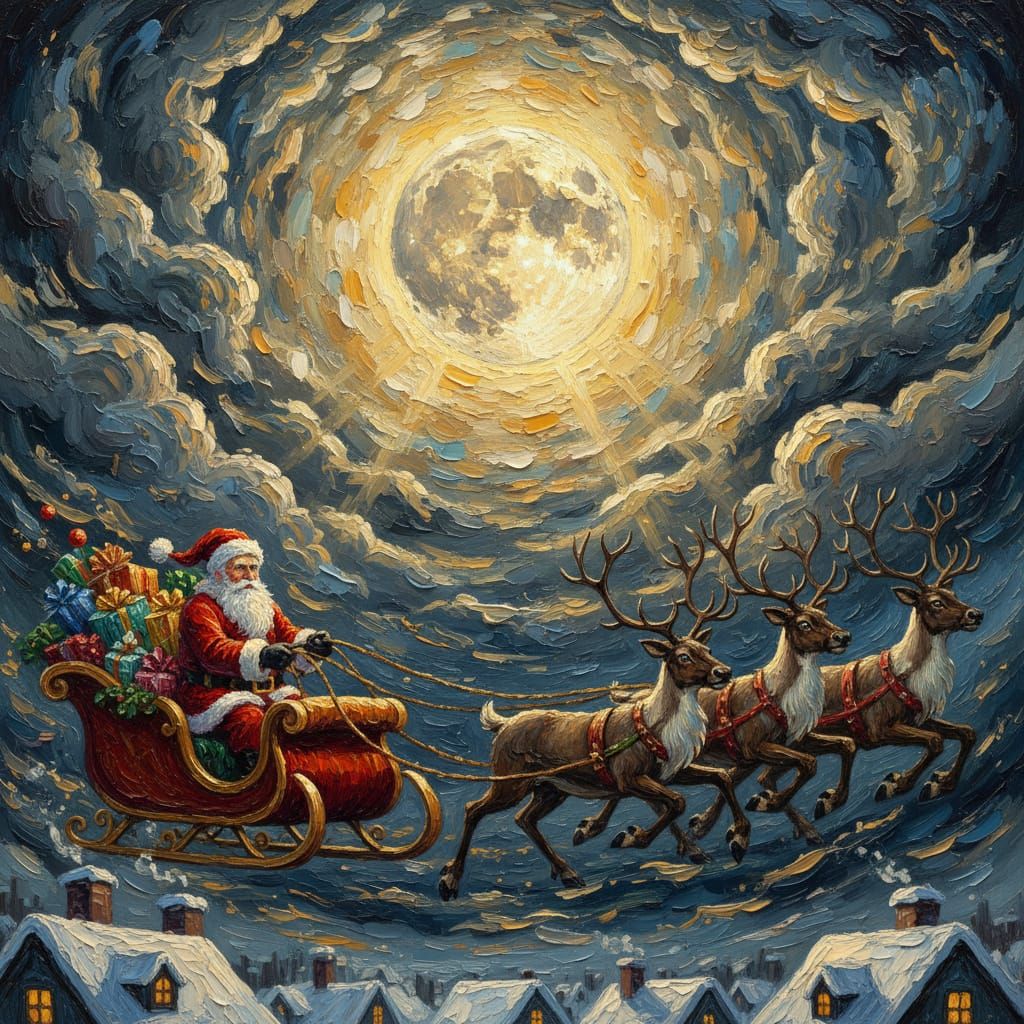 Impasto Painting of Santa Flying Through Moonlit Clouds