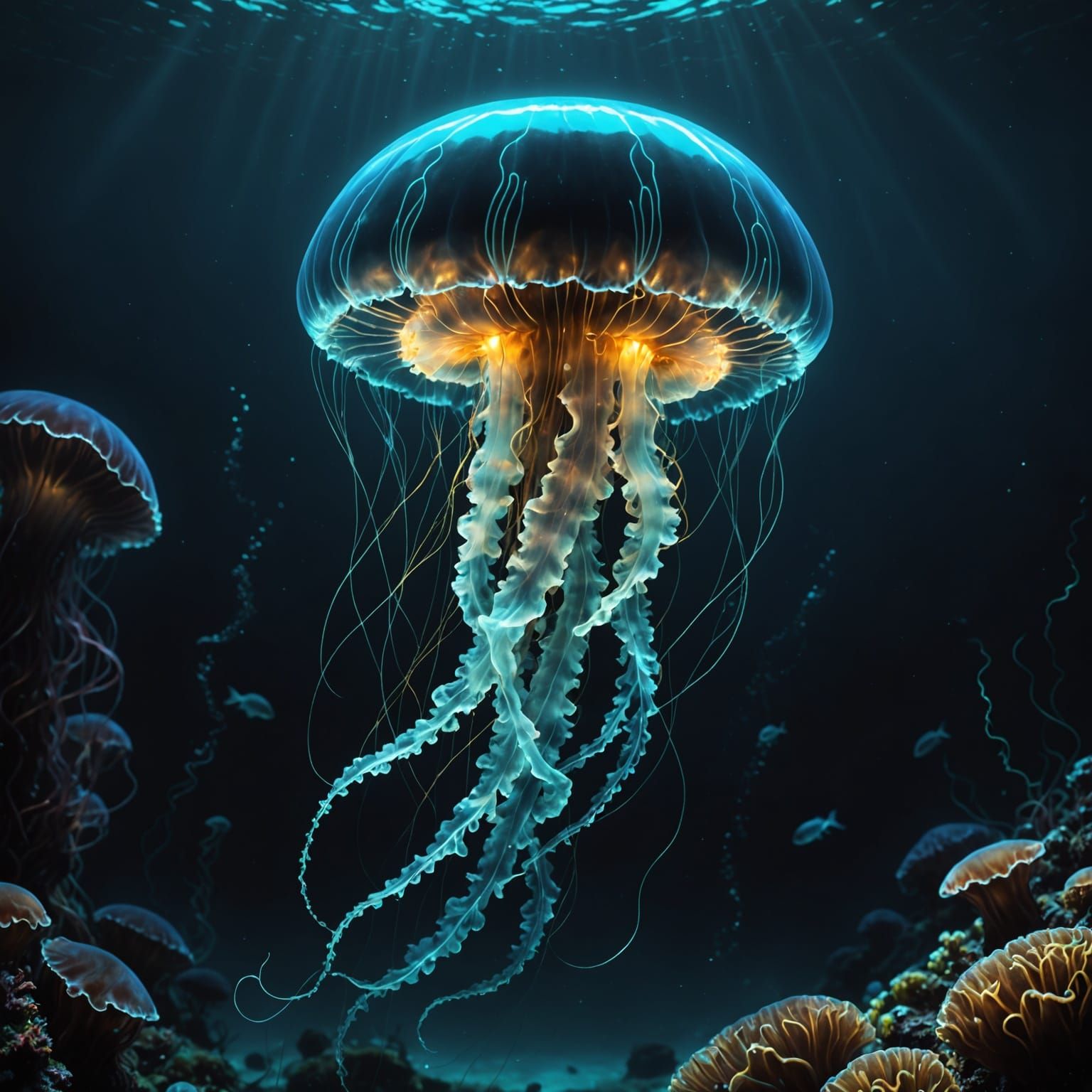 Bioluminescent Jellyfish in Deep Ocean, Digital Art