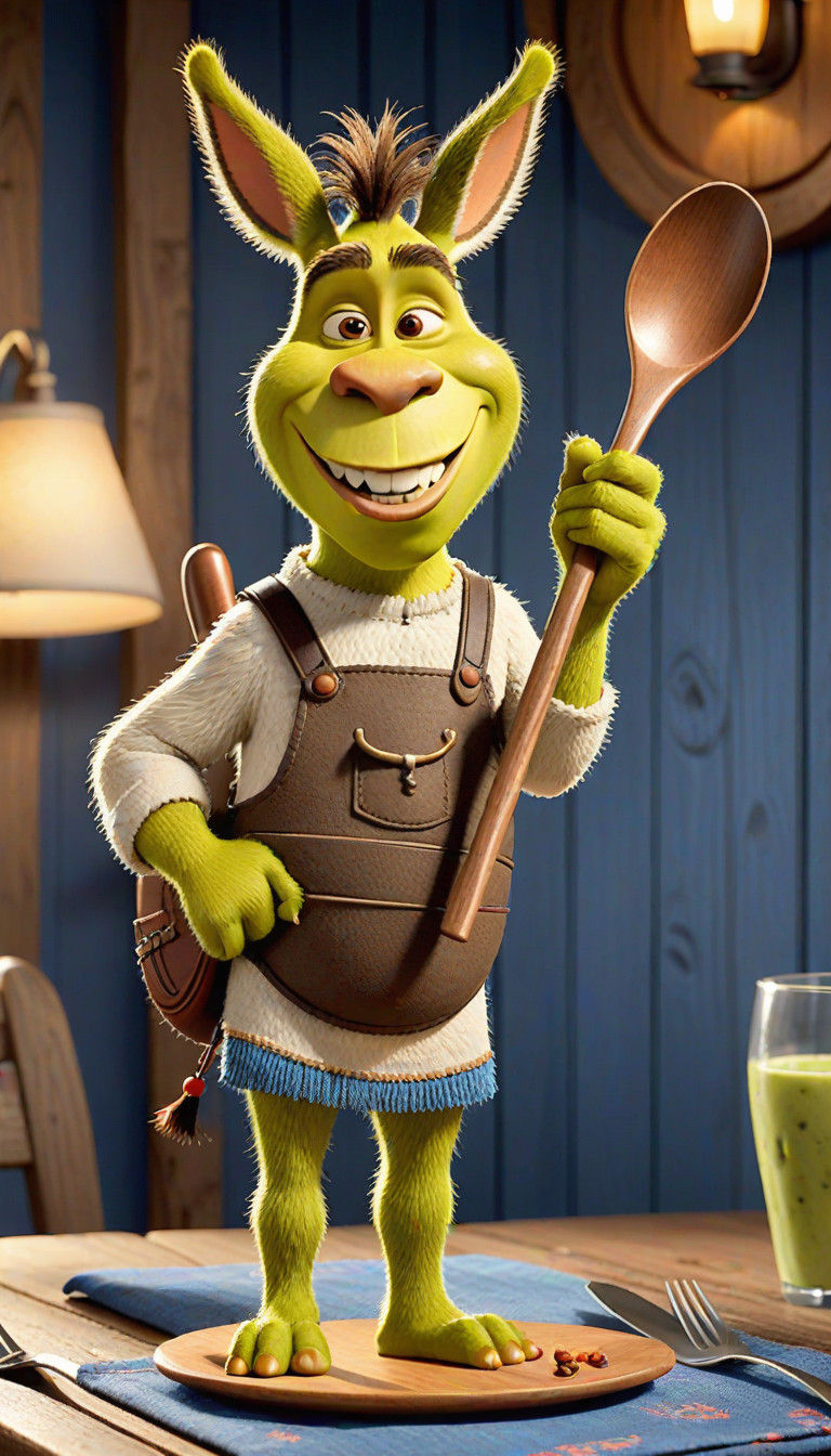 Pixar Shrek’s Donkey holding a Shrek-inspired spoon and fork on a burled wooden tabletop, restaurant setting