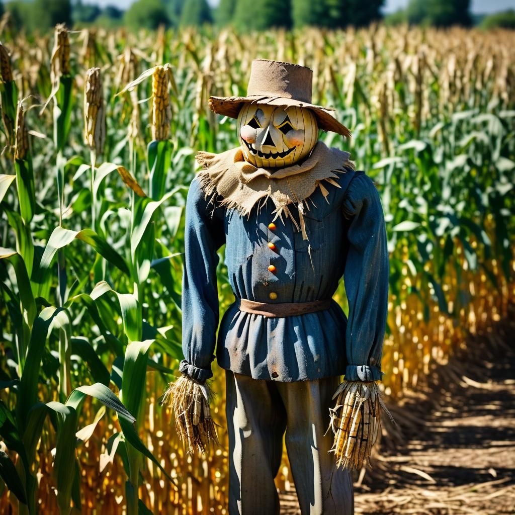 Weathered Scarecrow Stands Guard in Cornfield