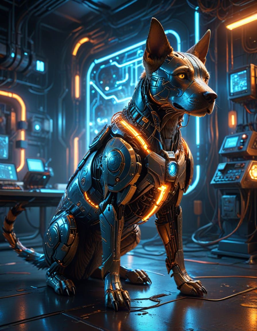 Cyborg Dog in Neon-Lit Laboratory