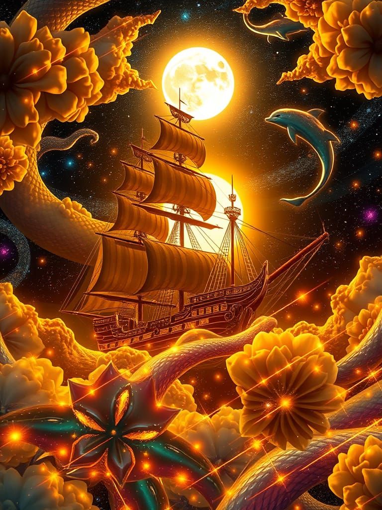 Chinese Ship Navigates Cosmic Nebula in Stained-Glass Style