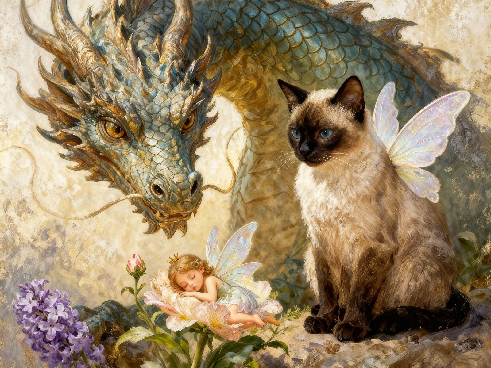 Cat with Fairy Wings and Lilac Flower