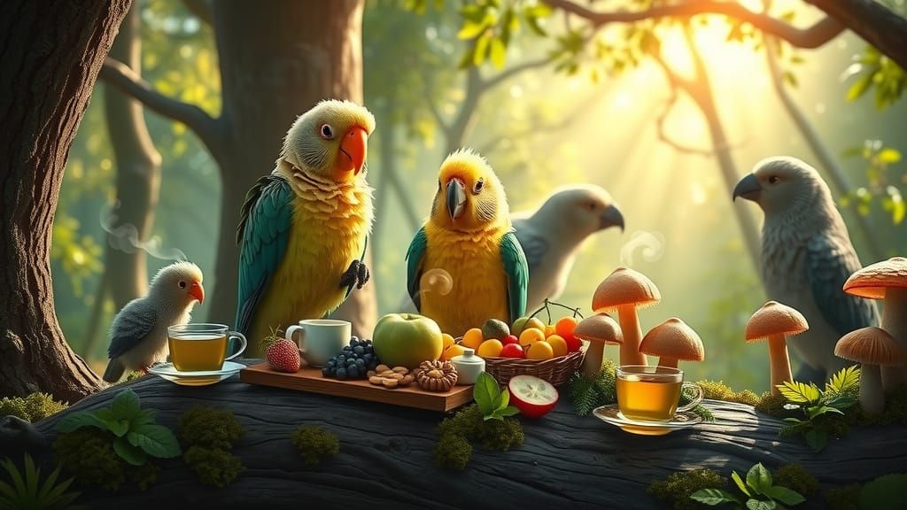 Kakapo's Enchanted Forest Breakfast: A Hyperrealistic Scene