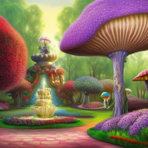 Alice in Wonderland Garden with Giant Tree