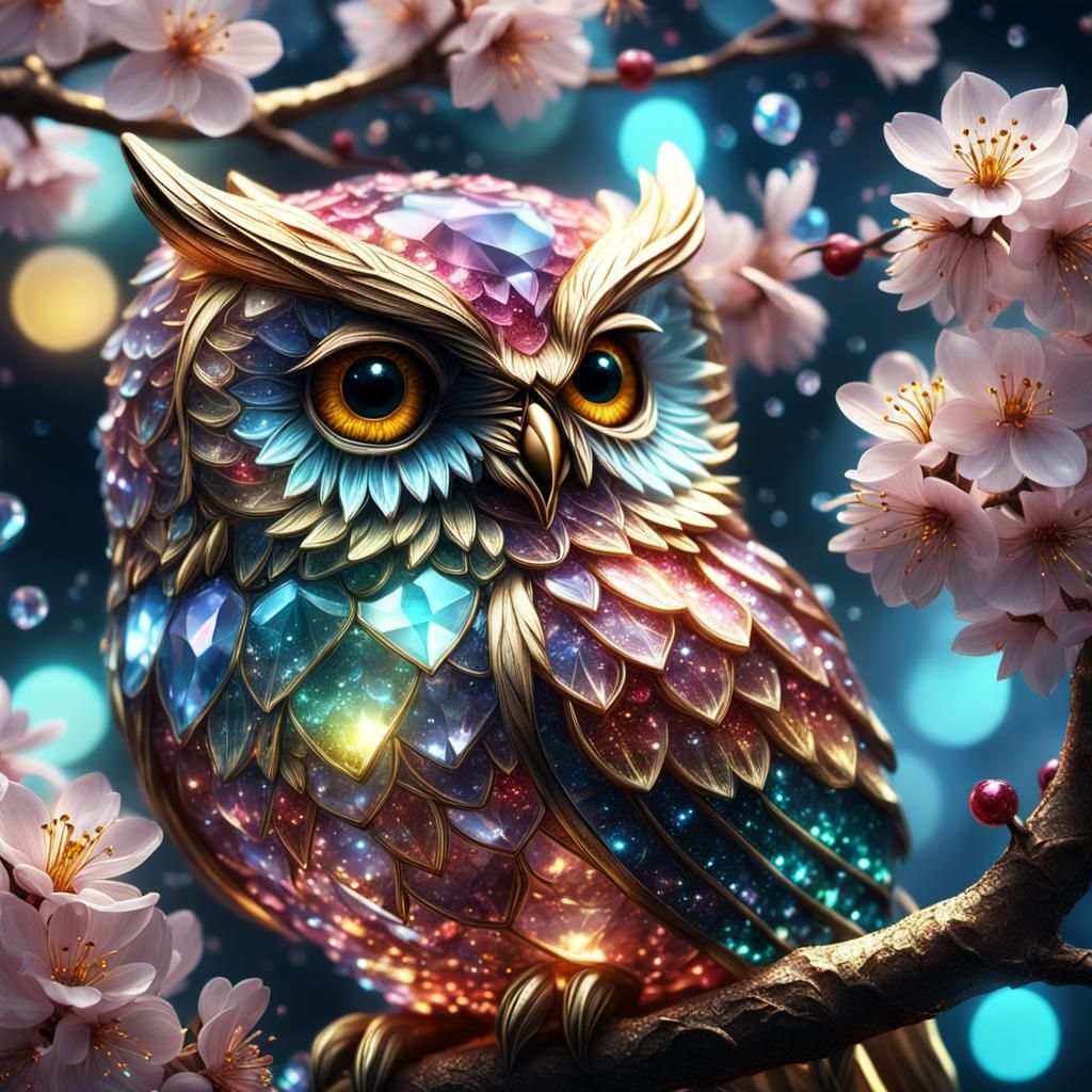 Crystal Owl on Magical Cherry Tree